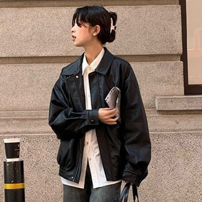 어반라인 여성용 라이니 어텀 싱글 카라 블루종 레더 자켓