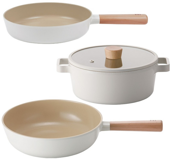 NEOFLAM 台灣原廠公司貨 FIKA系列3鍋組, 白色, 22公分雙耳低湯鍋 + 26公分炒鍋 + 24公分平底鍋, 1組