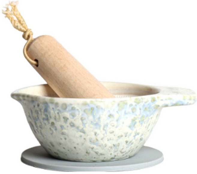 마시 도자기 미니 깨갈이 절구 + 절구공이 + 실리콘받침 세트 블루, 1세트