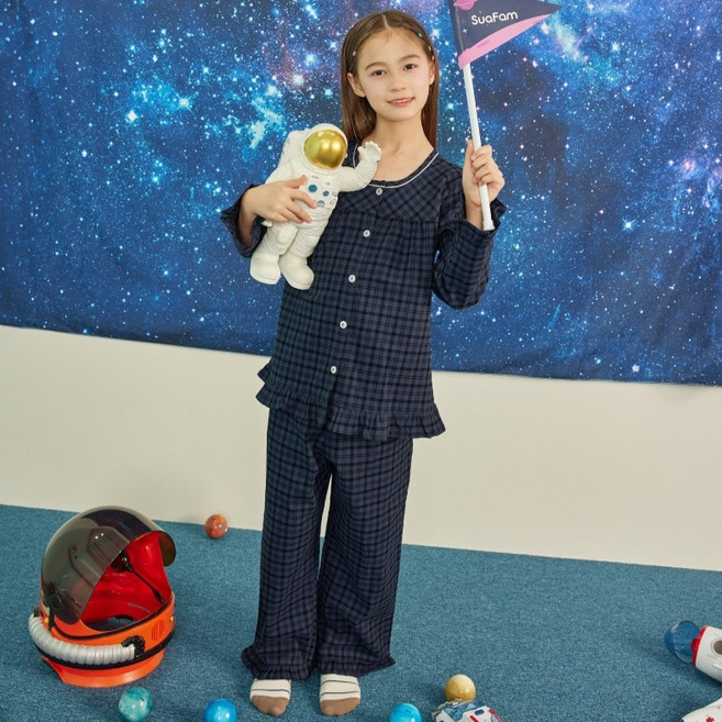 수아팜 아동용 타탄체크 코튼 긴팔 파자마 세트