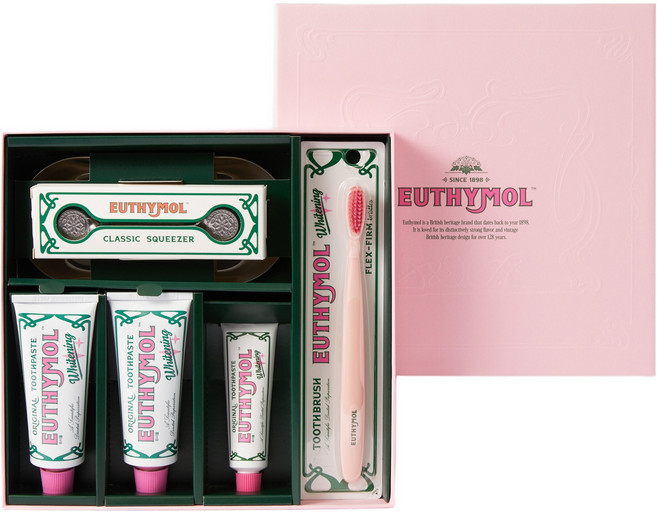 유시몰 화이트닝 티엠 치약 2종 + 칫솔 핑크 + 스퀴저 + 트레이 세트, 1세트