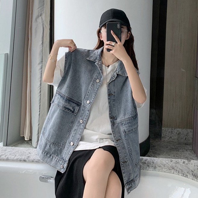 The Flow Commerce 女款休閒無袖大口袋牛仔領夾克