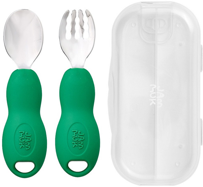 잼먹 유아용 스텐소재 자기주도 이유식 스푼 + 포크 + 케이스 세트, 그린, 1세트