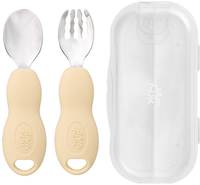 잼먹 유아용 스텐소재 자기주도 이유식 스푼 + 포크 + 케이스 세트, 베이지, 1세트