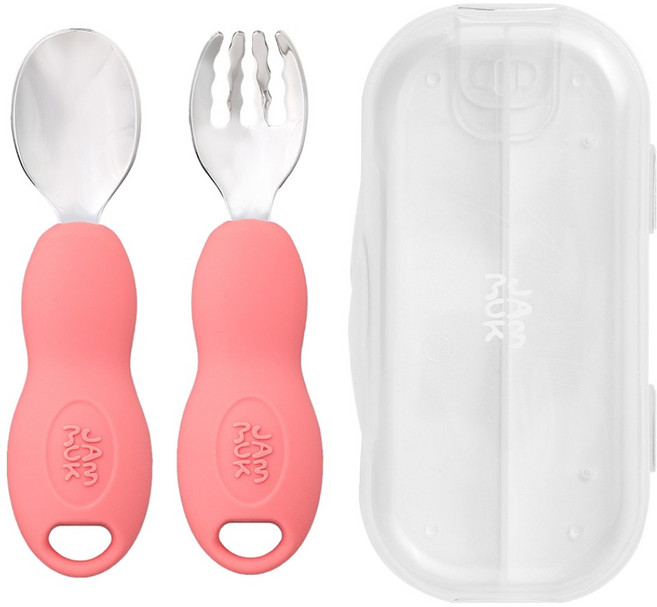 잼먹 유아용 스텐소재 자기주도 이유식 스푼 + 포크 + 케이스 세트, 핑크, 1세트
