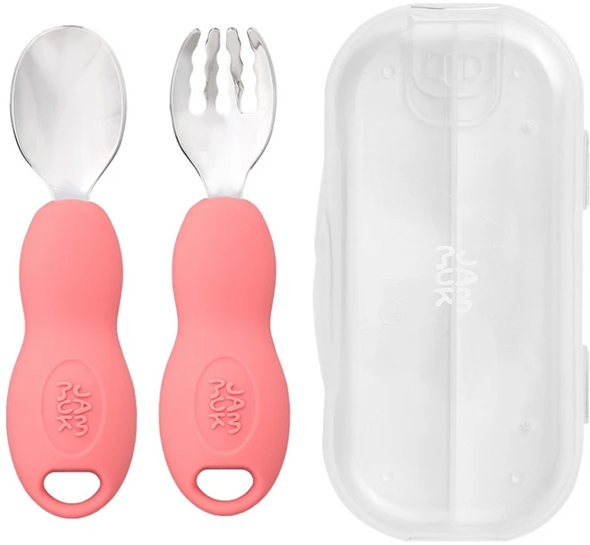 잼먹 유아용 스텐소재 자기주도 이유식 스푼 + 포크 + 케이스 세트, 핑크, 1세트 - 쿠팡