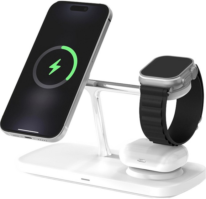만렙 3in1 아이폰 갤럭시 에어팟 애플워치 갤럭시워치 버즈 맥세이프 고속 무선충전기 3WCC401Qi2, 화이트, 1개
