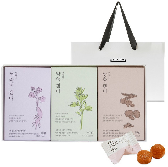 바라기 도라지 + 약쑥 + 쌍화 캔디 선물세트 + 쇼핑백, 1세트