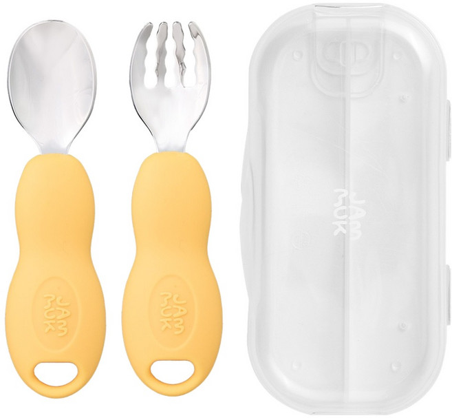 잼먹 유아용 스텐소재 자기주도 이유식 스푼 + 포크 + 케이스 세트, 옐로우, 1세트