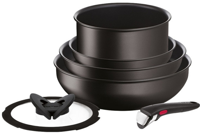Tefal 特福 巧變精靈系列 鍋具6件組, 太空黑, 1組, 26公分平底鍋 + 18公分湯鍋 + 26公分炒鍋 + 可拆式把手 + 18公分玻璃鍋蓋 + 18公分塑膠鍋蓋