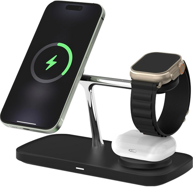 만렙 3in1 아이폰 갤럭시 에어팟 애플워치 갤럭시워치 버즈 맥세이프 고속 무선충전기 3WCC401Qi2, 블랙, 1개