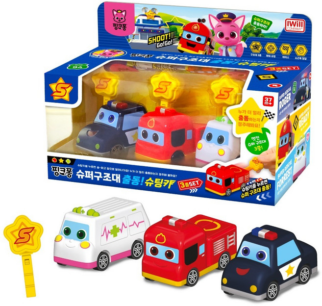 아이윌컴퍼니 핑크퐁 슈퍼 구조대 슈팅카 3종 세트, 혼합색상, 1세트