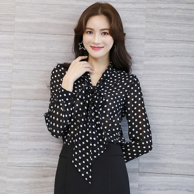 디멜디 여성용 스카프넥 점무늬 블라우스