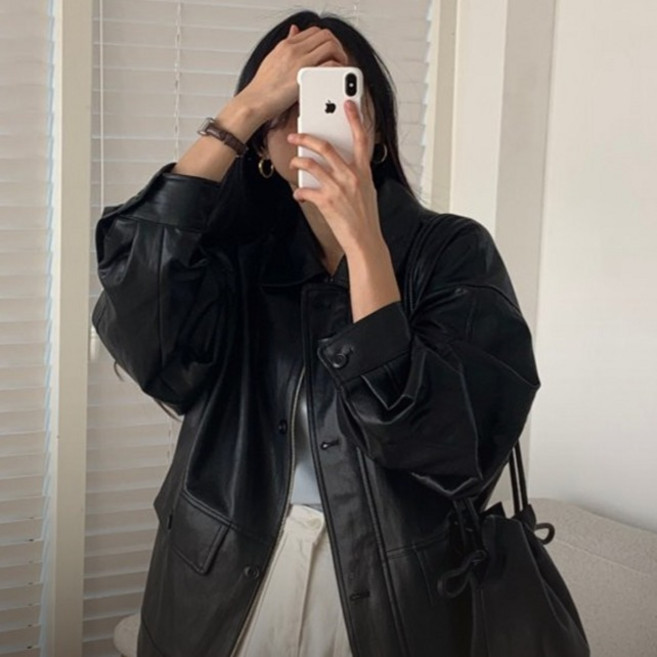 여성용 라인더 PU가죽 오버핏 하프 카라넥 레더자켓 봄 가을 라이더 자켓