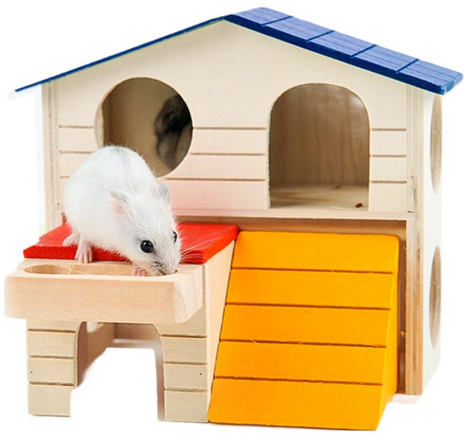 햄스터 파란지붕 원목 하우스 놀이터 2층 은신처, 혼합색상, 1개