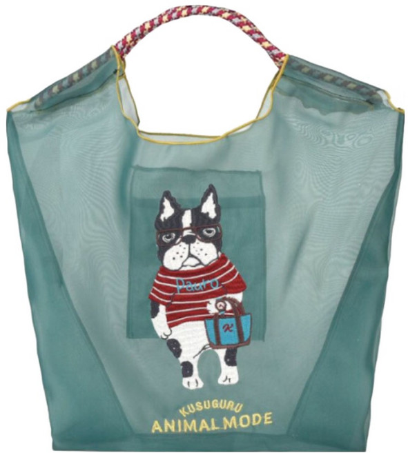 kUSUgURU JAPAN 日本眼鏡貓 Animal Mode系列 緹花繩手柄刺繡 傘繩購物包/網紗提包, 綠色