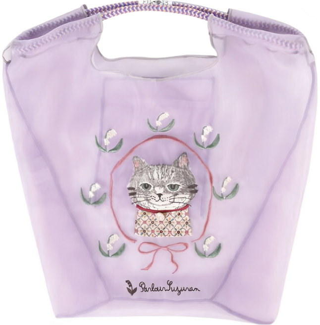 kUSUgURU JAPAN 日本眼鏡貓 Parlor Suzuran-do系列 緹花繩手柄刺繡 傘繩購物包/網紗提包, 紫色