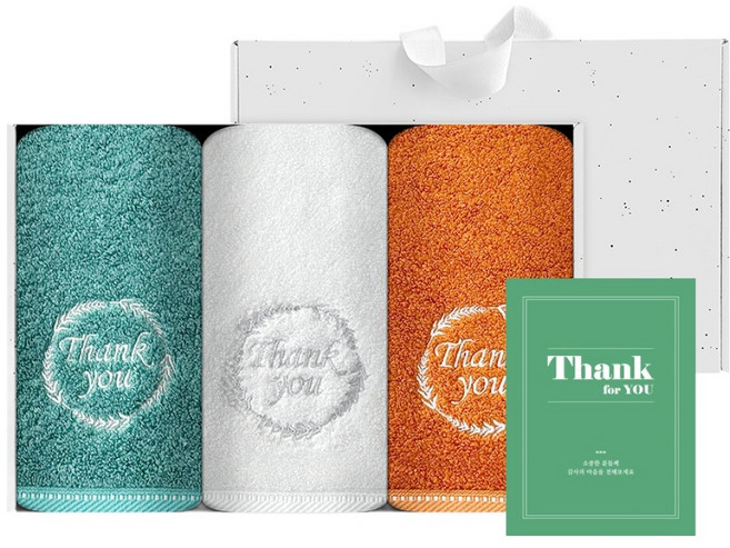 송월타월 명절 행사 땡큐 답례품 세면타월 200g 3p + 크라프트 박스 화이트 + 감사 스티커 세트, 랜덤발송(수건), 1세트