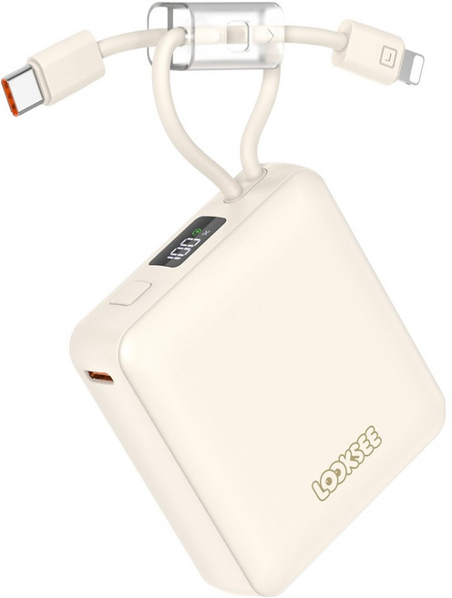 룩씨 PD 22.5W 케이블 일체형 초고속 충전 대용량 미니 보조배터리 10000mAh 멀티단자, 크림베이지, LS-PB10C8PD22