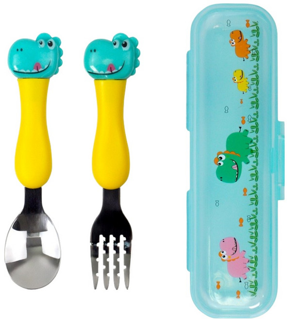 키친유 쿨디노 입체 스텐 스푼포크 케이스 세트, 1세트, 스푼 + 포크 + 케이스, 혼합색상