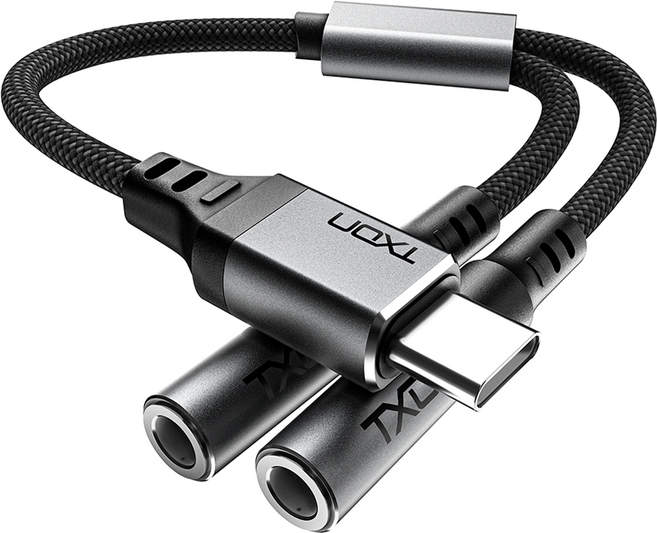 티엑스온 usb C타입-3.5 이어폰 젠더 듀얼, 1개, 그레이 + 블랙, 0.28m
