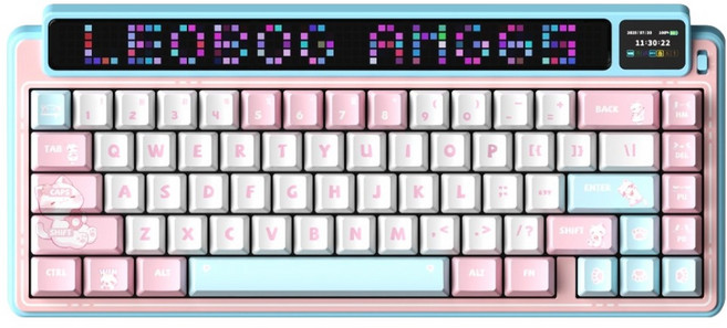 AULA 유무선 듀얼 스크린 기계식 키보드, 핑크 냥, AMG65, 저소음 솜사탕축