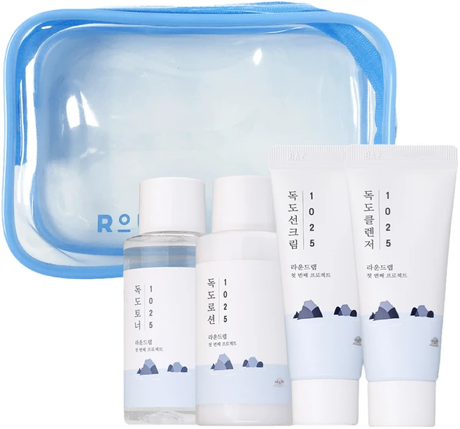 라운드랩 1025 독도 트래블 키트 토너 + 로션 + 선크림 + 클렌저 + 파우치 세트, 1세트 - 쿠팡