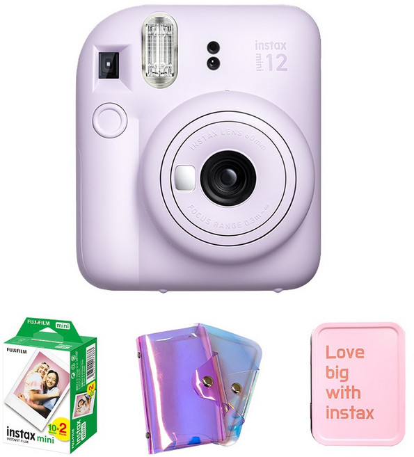 FUJIFILM 富士 instax mini 12 拍立得相機 丁香紫 + 底片 20p + 雷射單層相簿 隨機出貨 + 鐵盒 隨機出貨 套組, 1套, 拍立得相機(mini 12)