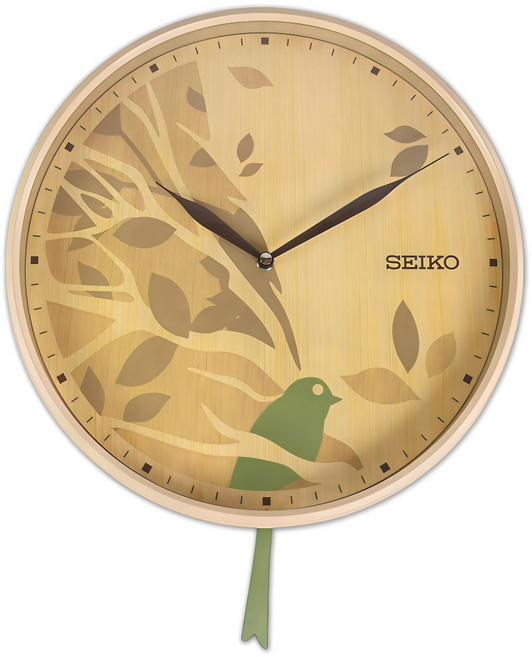 SEIKO 精工 幸福喜鵲 自然風格 居家擺飾 鳥尾巴搖擺掛鐘 QXC243Z 33cm, 淺木紋色