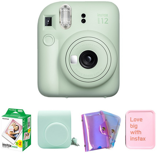 FUJIFILM 富士 instax mini12 拍立得相機 薄荷綠 + 底片 20p + 專用相機包 + 雷射單層相簿 + 馬口鐵盒套組, 1套, 單一商品
