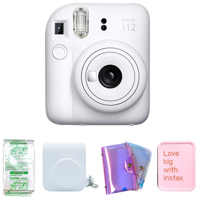 FUJIFILM 富士 instax Mini 12 拍立得相機 黏土白 + 底片 10張 + 專用相機包 + 全息單層相簿 + 鐵盒套組, 1套, 單一商品
