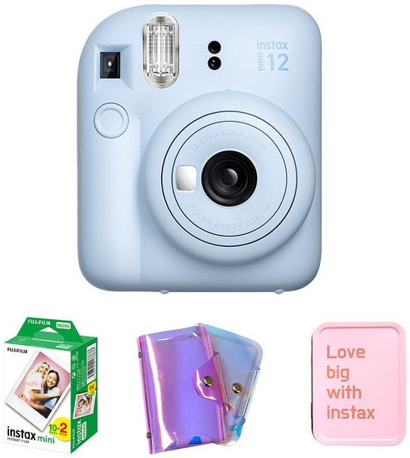 FUJIFILM 富士 instax mini 12 拍立得相機 粉藍色 + 底片 20p + 鐳射單層相簿 隨機出貨 + 鐵盒 隨機出貨 套組, 1套, 拍立得相機(mini 12)