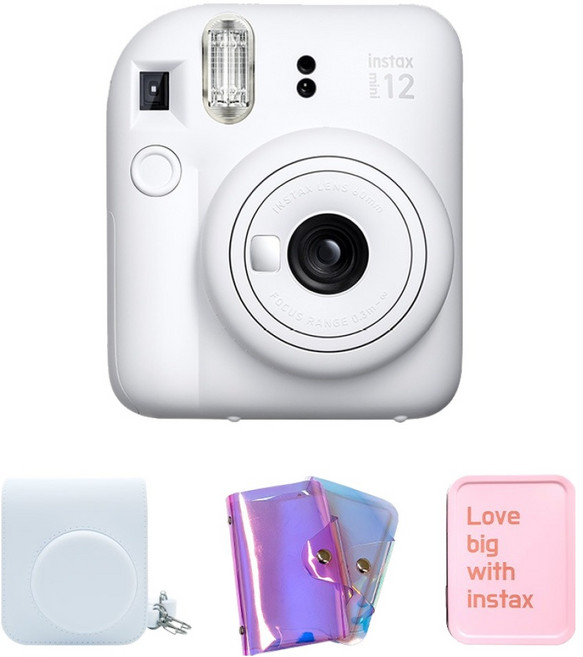 FUJIFILM 富士 instax mini 12 拍立得相機 黏土白 + 專用相機包 + 炫彩單層相簿 隨機出貨 + 鐵盒 隨機出貨 組合, 1套, instax mini12