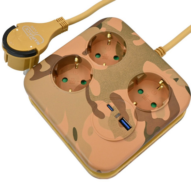 러그 C타입 USB 밀리터리 사각 멀티탭 3구 LUG-KSB-03UPD20-1.0 3G1.0, 카모샌드, 1개, 1.4m