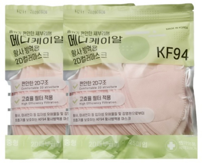 메디케이알 데일리핏 새부리형 황사 마스크 중형 KF94, 25개입, 2개, 미디피치