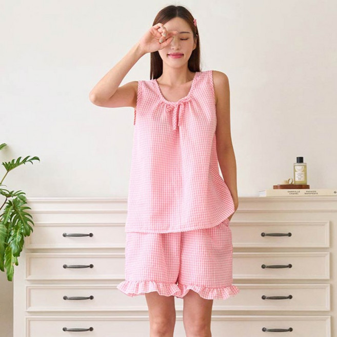 GLAM GONGGAM 女款泡泡紗維他命無袖兩件式夏季睡衣套裝