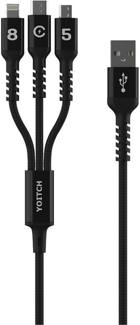 요이치 c타입고속 충전 아이폰 8핀 5핀 3in1 멀티 케이블 BlackWire, 120cm, 블랙, 1개