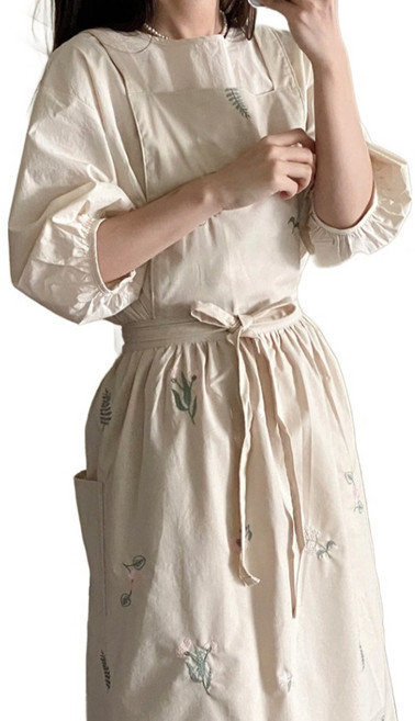 한스데이 블랑 꽃 자수 앞치마, 연베이지꽃, 1개