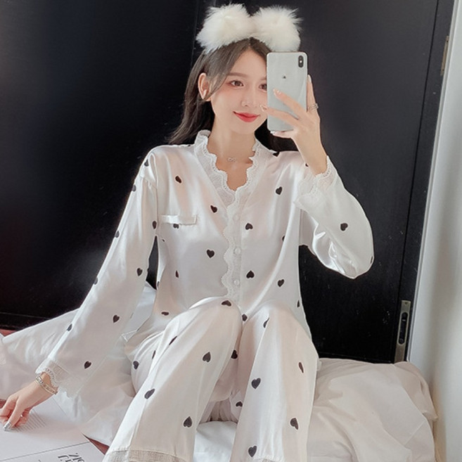 뷰티인뷰티 여성용 샤인새틴 긴팔 잠옷 상하 세트