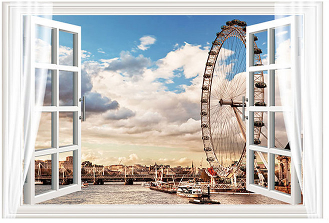 WA. WALL ART 防水PVC 無痕設計壁貼 FX82014, 窗景 + 摩天輪 + 港景 白色