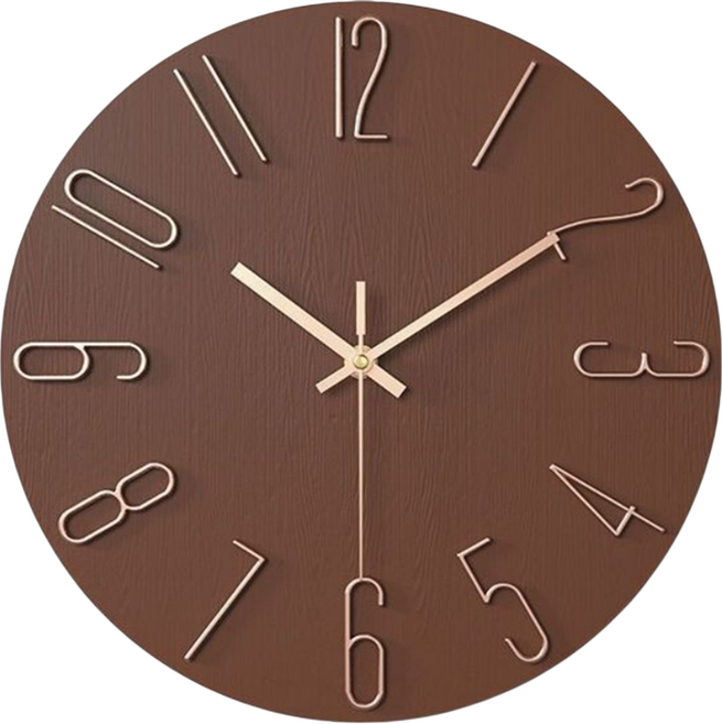 Couselect 簡約靜音掛鐘/客廳裝飾圓形指針時鐘 12吋, 咖啡色 + 玫瑰金