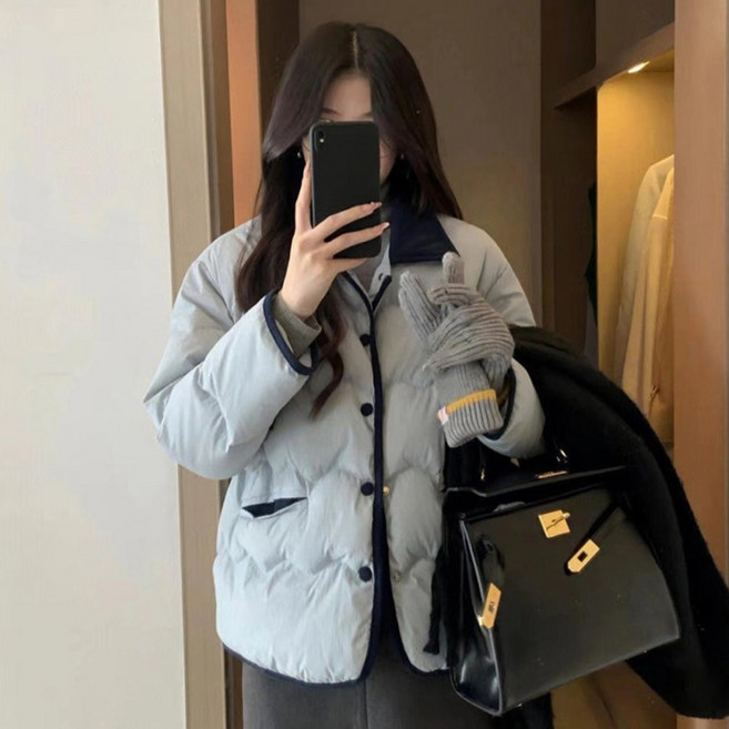 패션플로우 여성용 겨울 코듀로이 배색카라 오버핏 경량 아우터