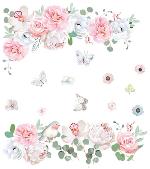 WA. WALL ART 無痕設計壁貼 夢幻/花草/芙蓉/玫瑰 防水PVC FX-C271 2張, 彩色