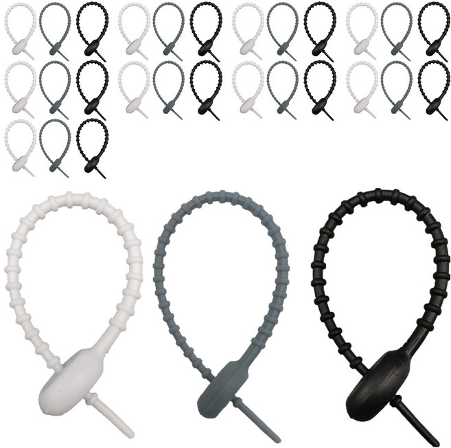 앞날창창 말랑 실리콘 키링고리 스트랩 케이블타이, 화이트, 그레이, 블랙, 30개