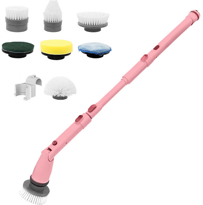 디클 원샷스핀 무선 전동 욕실 청소솔 + 브러시 7종 + 보관용 걸이 세트, CUP-H323, 핑크