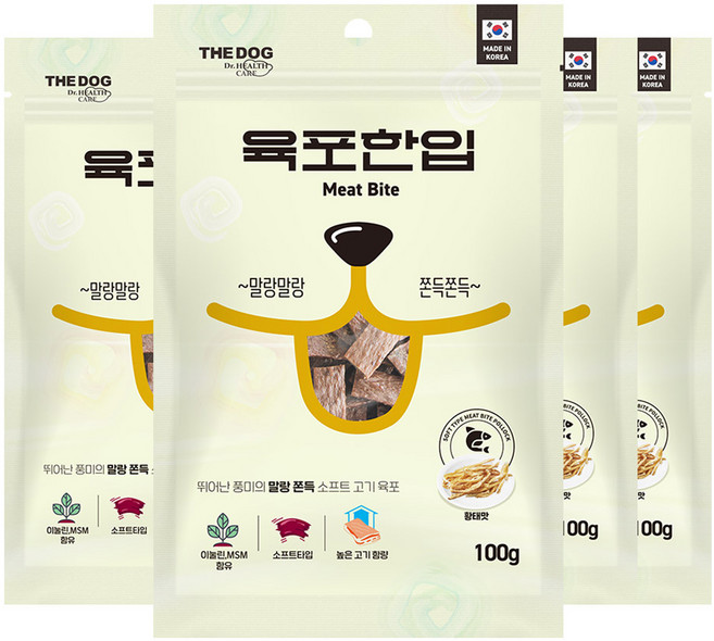 더독 강아지 소프트 생육 쫀득 육포한입 간식, 황태, 100g, 4개