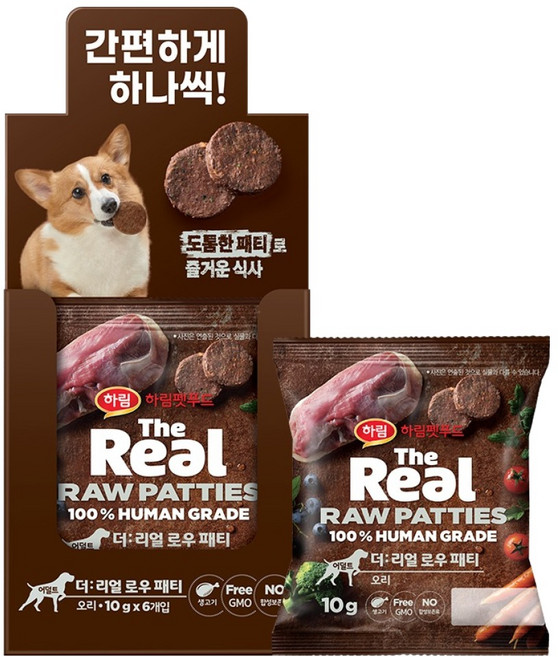하림펫푸드 더리얼 어덜트 강아지 로우 패티 건조사료, 오리, 10g, 6개