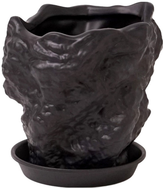 morningscent 암석 세라믹 분갈이 화분 + 유니크 인테리어 오브제 무광 받침 세트, 블랙, 1세트
