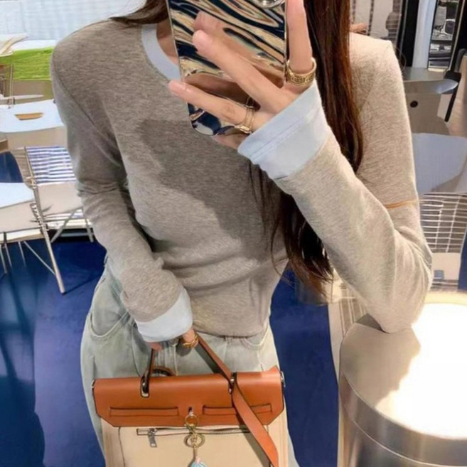 피어니스트 여성용 사계절 배색 캐주얼 이너 긴팔 티셔츠