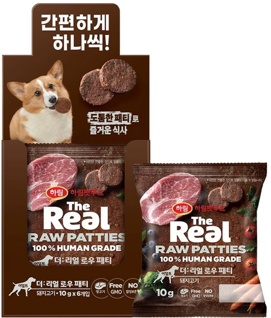 하림펫푸드 어덜트 강아지 더리얼 로우 패티 건조사료, 돼지, 10g, 6개 - 쿠팡